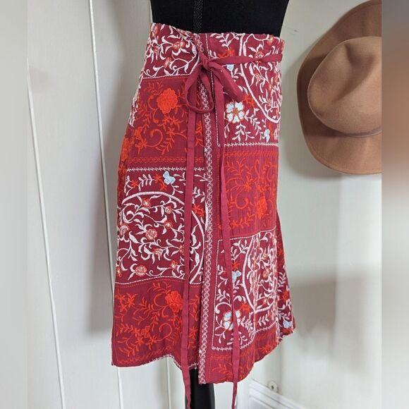 Anthropologie Red White Embroidered Wrap Tie Waist Skirt 6 Coastal Cowgirl - Picture 6 of 13